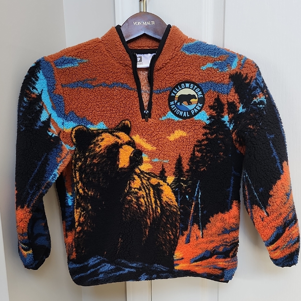 Yellowstone Kids' Sherpa Pullover Sweater - Orange & Blue Bear Graphic